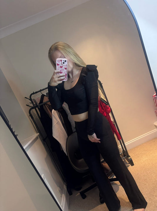 Maya Frill shoulder crop top & wide leg trouser set