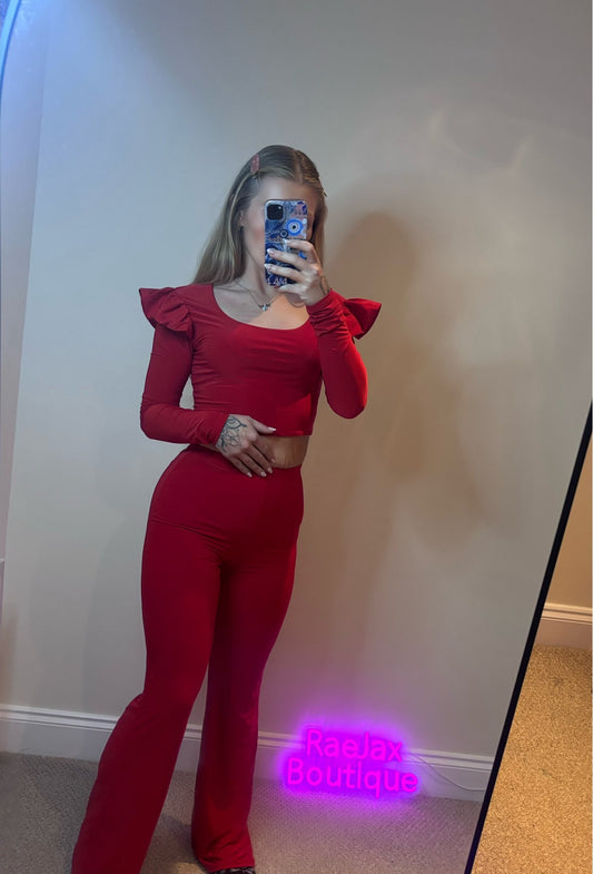 Maya Frill shoulder crop top & wide leg trouser set